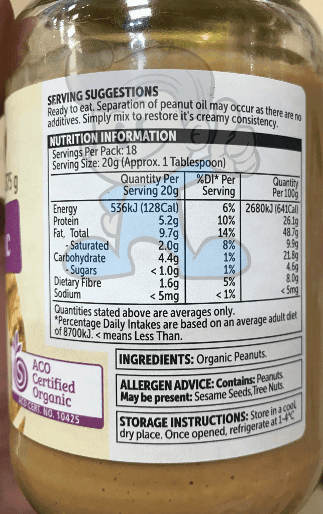 Macro Certified Organic Crunchy Peanut Butter 100% Peanuts 375G Groceries