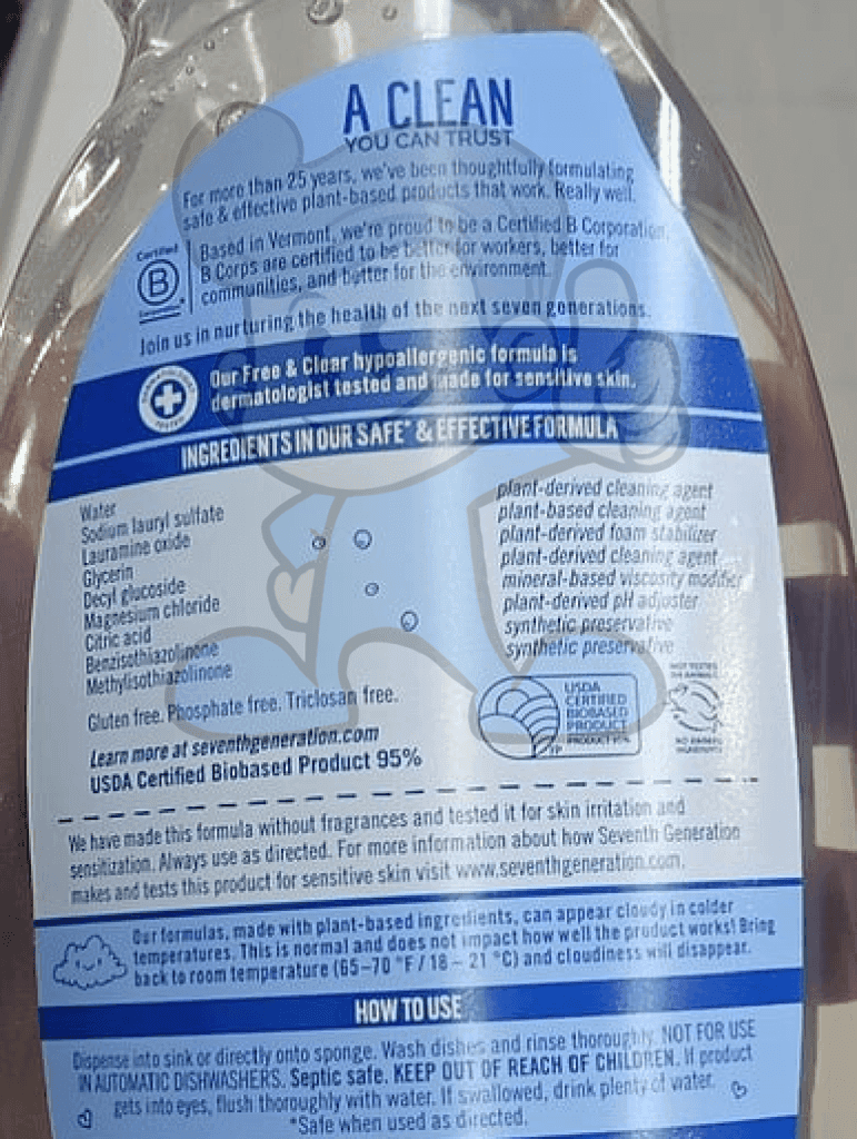 Seventh Generation Natural Dish Liquid Free And Clear 25 Oz. Household Supplies