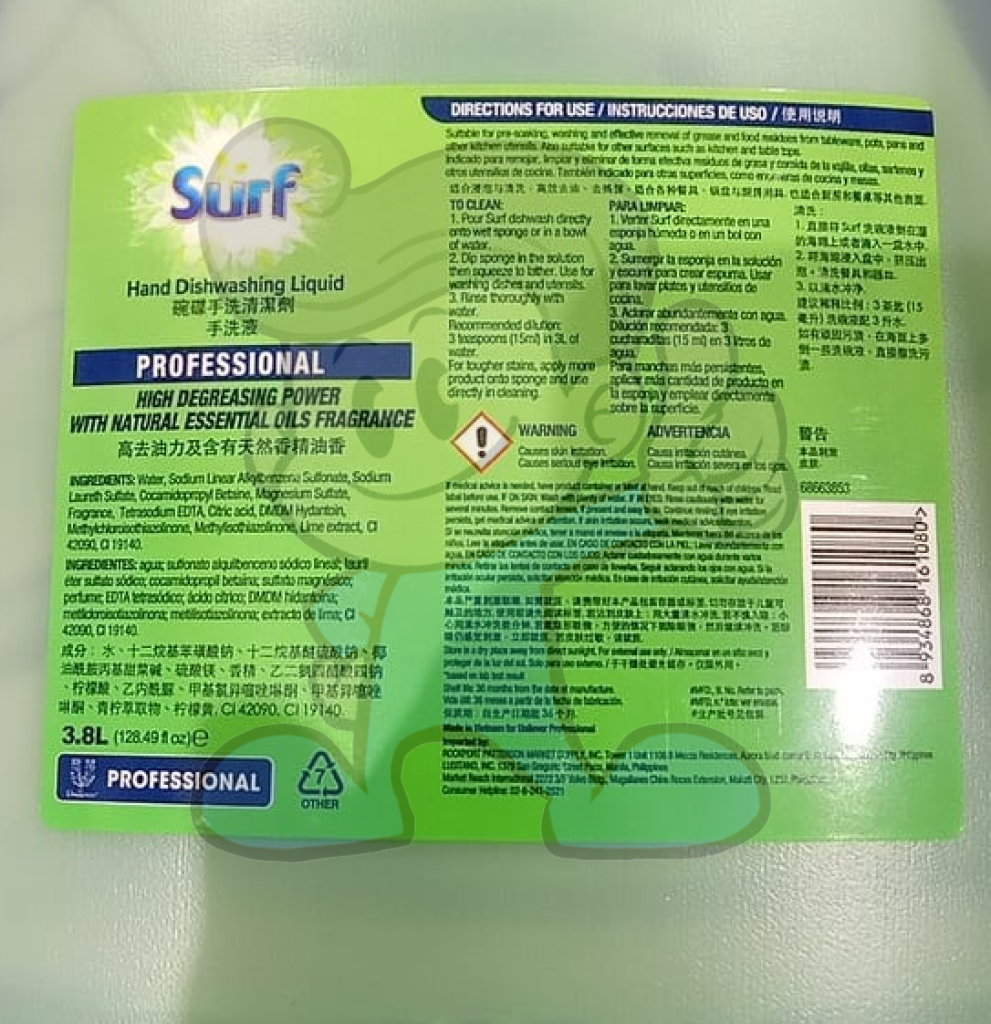 Surf Professional Hand Dishwashing Liquid Lime 3.8L Household Supplies